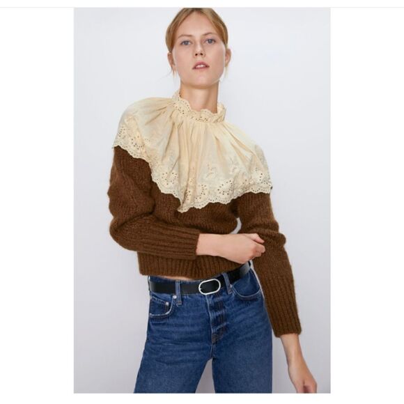 ZARA Contrasting embroidery lace knit sweater brown beige Small @L1 - Picture 2 of 13